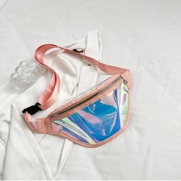 Imagem de Bolsa de peito transparente de PVC iridescente feminina moderna a laser, rosa, Tendência