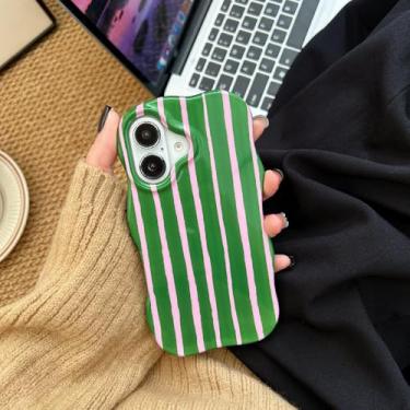 Imagem de Capa de celular 2 em 1 com listras brilhantes e bordas onduladas para iPhone 13, 14, 15, 16 Pro Max, toque confortável, capa traseira rígida e fina, verde, para iPhone 15