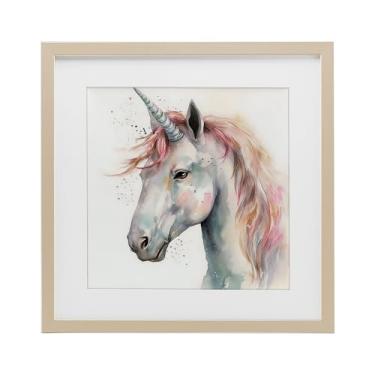 Imagem de Stupell Industries Impressão emoldurada de unicórnio com juba rosa de bétula sob vidro, design da Creative Studio, 40,6 x 40,6 cm