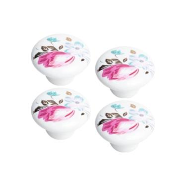 Imagem de Kit 4 Puxador Móvel Antigo Porcelana Gaveta 38mm De Armário (Branco/Floral - MPPON121)
