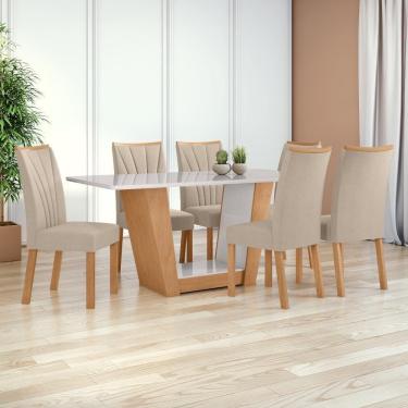 Imagem de Mesa 1,70 Apogeu Com Vidro E 6 Cadeiras.apogeu Veludo Naturale Creme Amêndoa Clean/off White