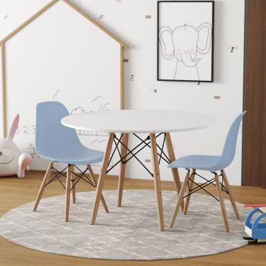 Imagem de Conjunto De Mesa Madeira Infantil Redondo Branco 2 Cadeiras Azul