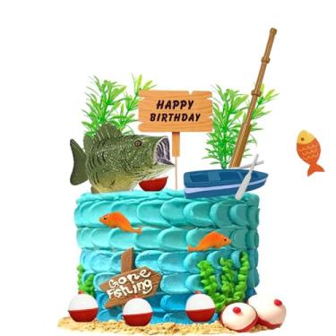 Imagem de Fishing Cake Topper Kit - Fisherman Theme Birthday Decoration with Sea Bass, Fishing Rod Buoys Fishing Boat, Reusable Fishing Party Fishing Cake Decoration, Retirement, Baby Shower
