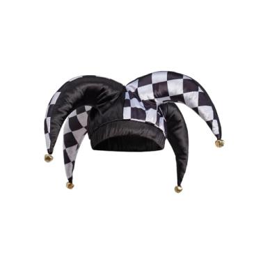 Imagem de Diajosa cos Chapéu de bobo da corte do tribunal adulto arlequim palhaço bobo da corte circo fantasia chapéu ren faire festival acessórios com sinos (preto e branco, tamanho único)