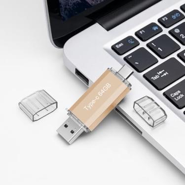 Imagem de Flash Drive USB 3.0 tipo C + USB A portátil tipo C de 64 GB Flash Drive USB-C 2 em 1, caixa de metal para smartphone/tablet/computador/Mac (dourado)