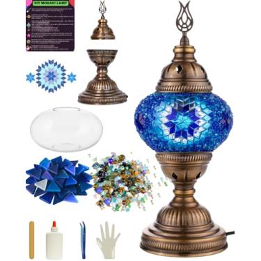 Imagem de DEMMEX Kit de artesanato de mosaico faça você mesmo, sem argamassa, corpo de metal de latão antigo, conjunto completo com ferramentas, faça sua própria lâmpada de mosaico (clássica, azul)