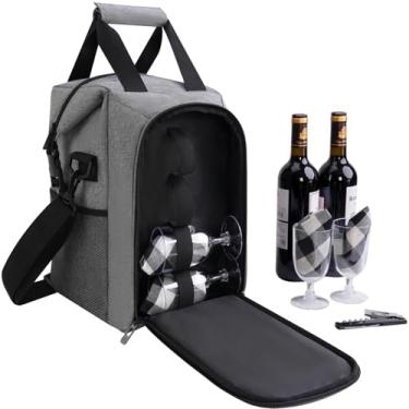 Imagem de ALLCAMP Bolsa de presente de vinho com 4 garrafas – Bolsa térmica térmica, alça ajustável, inclui 4 taças de vinho, guardanapos e saca-rolhas, presente de viagem portátil (cinza)