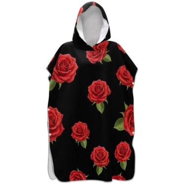 Imagem de Joisal Poncho de surfe para adultos trocador de roupa de praia com capuz toalha de banho reutilizável masculino poncho com capuz rosas vermelhas preto