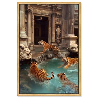 Imagem de Art Remedy Tela de arte moderna de tigre, 25,4 cm x 38,1 cm, moldura dourada, tigres na fonte