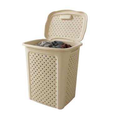 Imagem de Cesto de Roupa Suja 45L Plástico Reforçado Alça Resistente Rattan para Lavanderia, Banheiro e Quarto Famílias(CINZA MARMORIZADO)