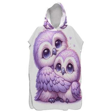 Imagem de Joisal Poncho de surf de secagem rápida para adultos trocador de roupa de praia com capuz toalha de banho fofa coruja violeta ponchos femininos com capuz