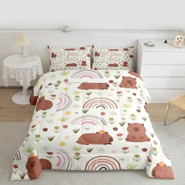 Imagem de Feelyou Lindo conjunto de cama capivara para meninos e meninas, conjunto de edredom floral, tamanho solteiro, adorável animal, edredom de microfibra, decoração de quarto, 2 peças com 1 fronha