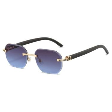 Imagem de Óculos de Sol Hexagonais Sem Aro, Unissex, Estilo Fashion, Hastes com Textura de Madeira, Formato Quadrado (Cinza e Azul)