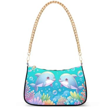 Imagem de Flamingos Beach Aquarela Bolsa feminina Hobo Party Purses Womens Evening Handbag Chain Ladies Shoulder Bag, Bolhas fofas de golfinhos de desenho animado