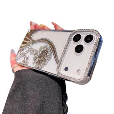 Imagem de Capa transparente para celular com flores de strass brilhantes para iPhone 17, 16, 15, 14, 13, 12, 11 Pro Max, Air Plus, com moldura reforçada, prateada, para iPhone 14 Pro Max.