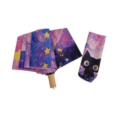 Imagem de Guarda-chuva Dobrável Feminino Azul, Verde E Roxo Com Desenho De Gato,