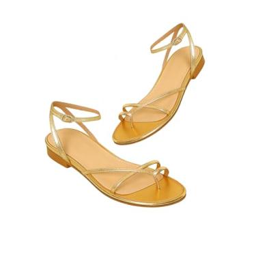 Imagem de GORGLITTER Sandália feminina de dedo do pé com tira metálica aberta no tornozelo, tira no tornozelo, sandália social de verão, Dourado, 40