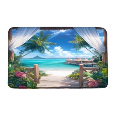 Imagem de Tapete de banho com paisagem de praia, praia, tropical, sol, palmeira, céu azul, areia, onda, mar, cenário litorâneo, pôr do sol, Havaí, litoral, paisagem marítima, tapete para cozinha, banheiro