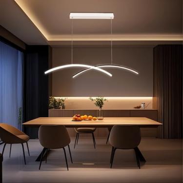 Imagem de Luminária pendente curva moderna de 120 cm com controle remoto, lustre de mesa de jantar com intensidade regulável, luminária de teto LED ajustável em altura para quarto, para ilhas de cozin
