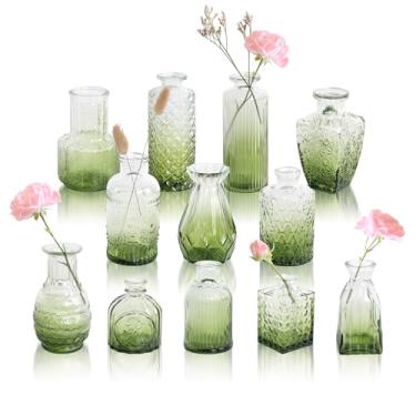 Imagem de GarDream Conjunto de 12 vasos de vidro verde-oliva vintage, mini vasos de flores decorativos variados para centros de mesa, casamento, decoração de casa, vasos pequenos para flores, decoração de mesa