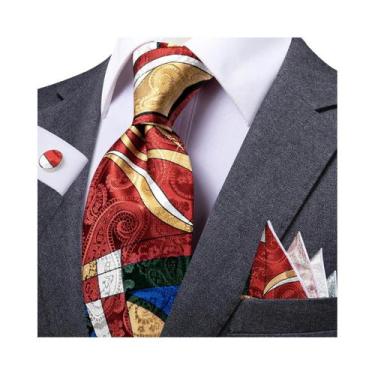 Imagem de Gravata Masculina Xadrez Marrom-Avermelhado Com Abotoaduras E Lenço De