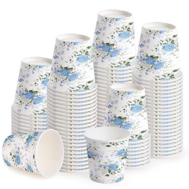 Imagem de WRAPAHOLIC Copos de papel de 85 g – Pacote com 100 copos de banheiro descartáveis com design de flor de hortênsia, copo pequeno para enxaguante bucal para enxágue de escova de dentes, banheiro
