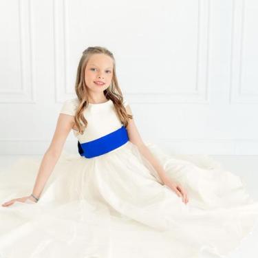 Imagem de Vestido longo Off White com Faixa e Laço Azul Royal Infantil Festa ele