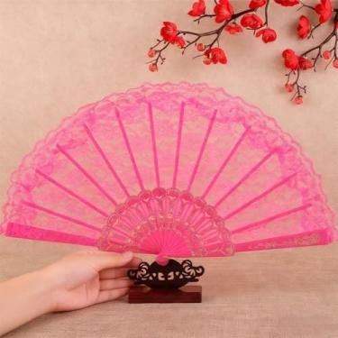 Imagem de Ventilador de renda dobrável portátil - Decoração chinesa vintage leque bordado para casamento, fantasia melindrosa dos anos 20, dança, chá e chá de panela, rosa