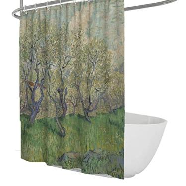 Imagem de Conjunto de cortina de chuveiro de banheiro com ganchos verde gramado forro cortina de banho aquarela The Orchard in Blossom por Van Gogh 108Wx72L (colorido 72Wx96L)