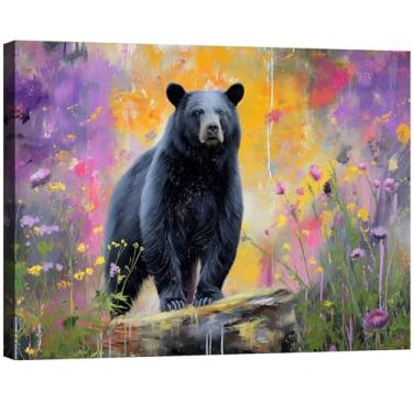 Imagem de Halioyo Arte de parede em tela de urso preto com flores silvestres, decoração de parede rústica de casa de fazenda, pintura moderna com estampa de urso preto para sala de estar, quarto, corredor