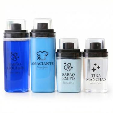 Imagem de Kit 4 Dispensers de Lavanderia com Etiquetas - 2x 2,3L e 2x 1,5L para Sabão em Pó, Sabão Líquido, Amaciante e Tira Manchas (Kit Preto)