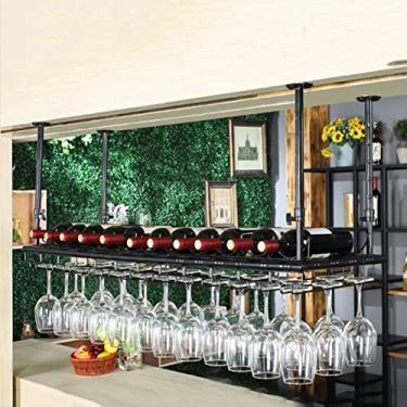 Imagem de Rack de vinho pendurado rack de vinho com suporte de vidro barra de teto de metal ajustável rack de vidro de vinho industrial montado na parede suporte de garrafa de vinho e vidro/80 * 35 cm (100 * 35