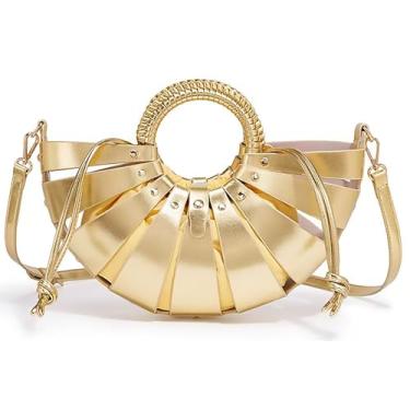 Imagem de louceko Bolsa de ombro feminina de couro PU, vazada, transversal, alça de tecido, concha para ventilador, cesta de vegetais, bolsa de mão, Dourado, Medium