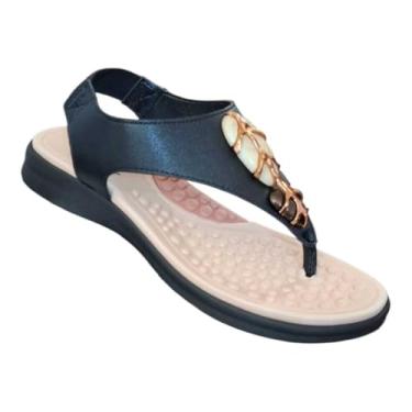 Imagem de Sandália Feminina Rasteira Ortopédica Ultra Conforto com Palmilha Massageadora e Elástico — Casual para Dia a Dia(Preto,34)