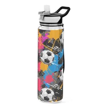 Imagem de xigua Garrafa de água de bolas de futebol com tampa de canudo transparente à prova de vazamentos para esportes ao ar livre, bebida, fitness, treino, viagem, 940 ml