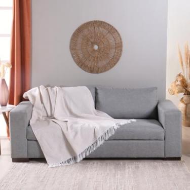 Imagem de Manta para Sofá Grid com Franja Jacquard 2,10x1,35m – Dupla Face, 60% Algodão e 40% Poliéster, Decorativa e Versátil (Palha)