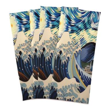 Imagem de Wassud Toalhas de cozinha The Starry Night Art Toalhas de prato de cozinha pacote com 4 panos de prato macios com laço para pendurar toalha de mão de secagem rápida super absorvente toalhas de chá de