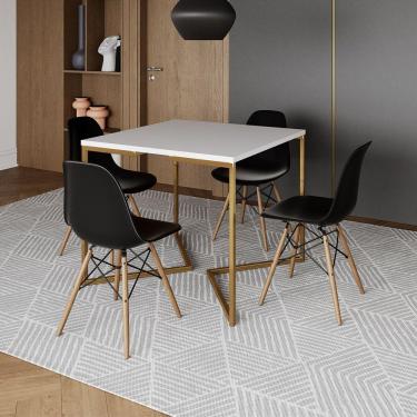Imagem de Mesa Jantar Industrial Quadrada 90Cm Branca Base V Dourada Com 4 Cadeiras Madeira Preta Cor: Branco
