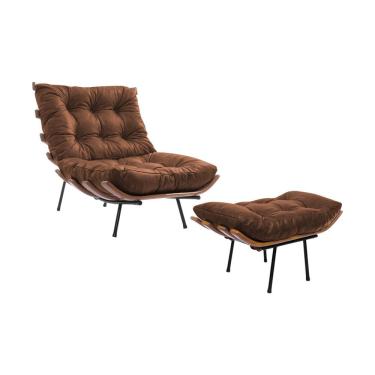 Imagem de Poltrona Costela Com Puff Couro Legitimo Marrom