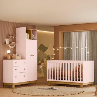 Imagem de Quarto de Bebê com Berço Slim e Guarda Roupa com Cômoda Flora Rosa Qmovi