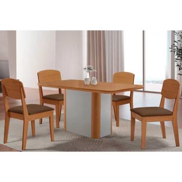 Imagem de Conjunto: Mesa de Cozinha Pietá c/ Tampo Madeirado Canto Curvo 120x80cm e 4 Cadeiras Havana Naturale/Off White - Suede Marrom - Rufato