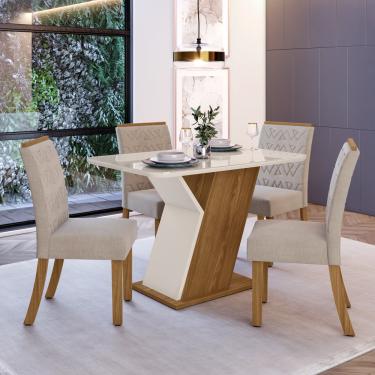 Imagem de Conjunto Sala de Jantar Tampo MDF com Vidro Canto Arredondado 120 Cm 04 Cadeiras Juanita Casa 812 - Nature com Off White e Linho