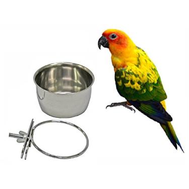 Imagem de Pássaro papagaio copos de alimentação gaiola tigela suspensa de aço inoxidável poleiros suporte de brinquedo com braçadeira - copo de cozinha de pássaro água semente tigela alimentadora de pratos 293 g