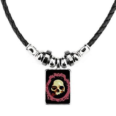 Imagem de DIYthinker Colar de Halloween de caveira redonda realista, joia de torque, pingente de corda de couro