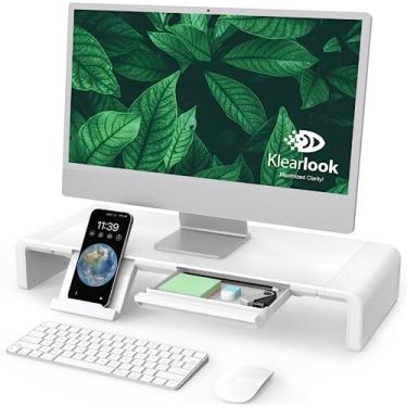 Imagem de Suporte para monitor Klearlook, suporte dobrável para monitor de computador, suporte de computador com altura ajustável, prateleira de mesa com gaveta de armazenamento e suporte para tablet para computador, desktop, laptop (branco)