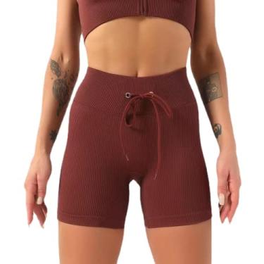 Imagem de RIDENEEY Shorts feminino cintura alta sem costura leggings shorts fitness yoga curto scrunch esportes yoga shorts spandex calças curtas (vermelho vinho, P)