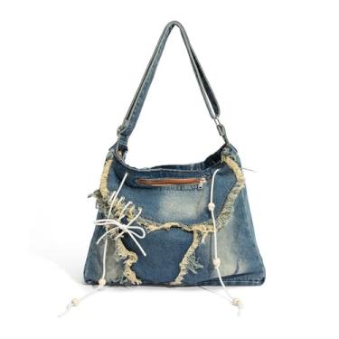 Imagem de NIGEDU Bolsa de ombro feminina casual jeans transversal bolsa carteiro feminina de alta capacidade, Azul, 43cm x 6cm x 33cm
