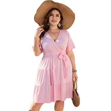 Imagem de KOJOOIN Vestido feminino plus size com decote em V, cintura alta, manga curta, babados, casual, verão, midi com cinto, Mangas curtas rosa, 4G