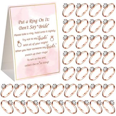 Imagem de Woanger Jogo de chá de panela Put a Ring on It com 50 anéis falsos, tema vegetação rústica jogos de chá de casamento e anéis de noivado e cartas de regras não diga noiva, Sweet, Aço inoxidável,
