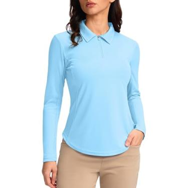 Imagem de Camisas polo femininas manga longa FPS 50+ camisas de proteção UV leves de secagem rápida camisas frescas para mulheres golfe trabalho ao ar livre, Azul claro, G